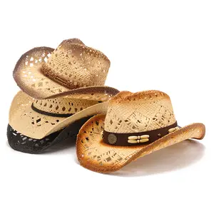 wholesale men adult unisex hard salt grass hollowed australian out western silicone bead straw cowboy hat