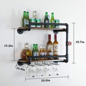 Casier à vin mural à 2 niveaux, petites étagères flottantes suspendues pour mini bar à liqueur avec <span class=keywords><strong>rangement</strong></span> pour porte-verre <span class=keywords><strong>sous</strong></span> - Product Image 3