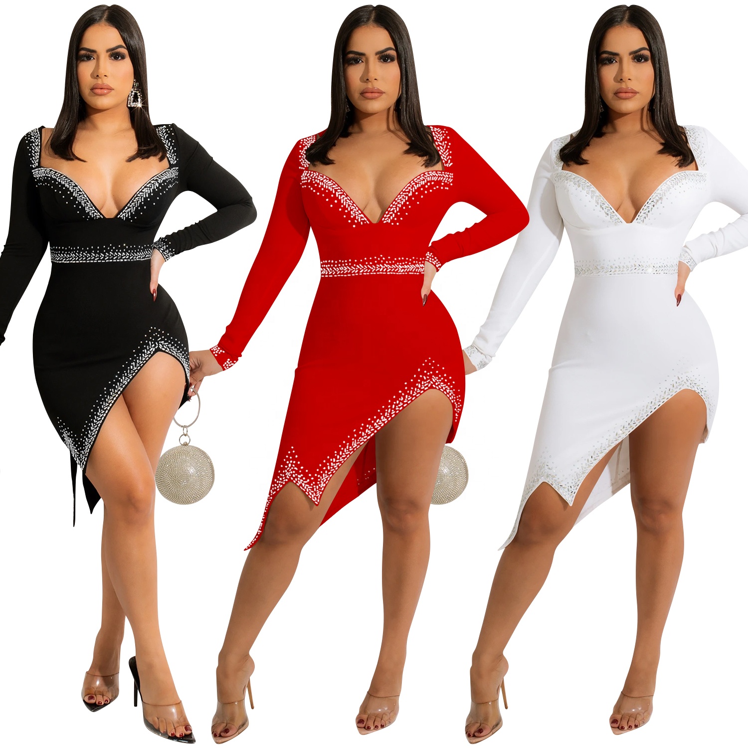 Sexy Tight Buttocks Evening Dress Women Elegant Sheath Shiny Cleavage Body-Shaping Long Sleeves Dress