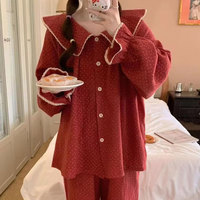 Femmes printemps automne nouveau pyjama Version coréenne doux poupée col à pois taille élastique à manches longues solide tricoté pur coton