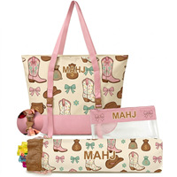 Ensemble de trois pièces Mahjong style western en denim floral, sacs de rangement pliables et écologiques de grande capacité pour maquillage et articles de toilette