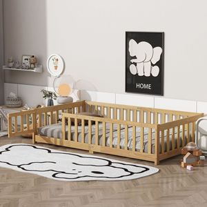 Lit bébé en bois massif avec barrières de sécurité et porte, couleur camel, pour chambre à coucher - Product Image 4