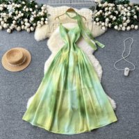 Robes longues d'été françaises à col halter, tie-dye, taille cintrée, fluides, pour femmes, pour les vacances