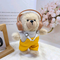Fabricant mondial agréé, Casque audio personnalisé, Ours en peluche jaune avec salopette en velours côtelé, Poupée ours en peluche