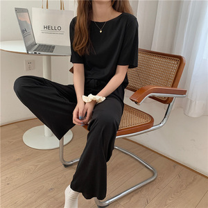Due pezzi estate nuovi abiti 2025 tinta unita in <span class=keywords><strong>cotone</strong></span> Casual t-shirt pantaloni <span class=keywords><strong>lunghi</strong></span> set da donna - Product Image 4