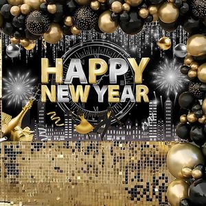 Bannière Joyeux Nouvel An, fond photographique noir <span class=keywords><strong>et</strong></span> or, toile de fond de décoration pour fête du réveillon du Nouvel An, parfaite pour le réveillon du Nouvel An - Product Image 6