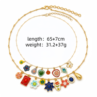 Collier pendentif double couche tendance avec breloque émail coloré effet goutte d'huile et dessin animé, et boucles d'oreilles pendantes plaqué or 18 carats pour femme