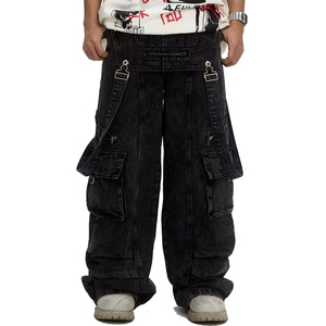 OEM custom grandi tasche <span class=keywords><strong>laterali</strong></span> nere rimovibili Vintage lavato in difficoltà uomini <span class=keywords><strong>jeans</strong></span> cargo larghi - Product Image 1