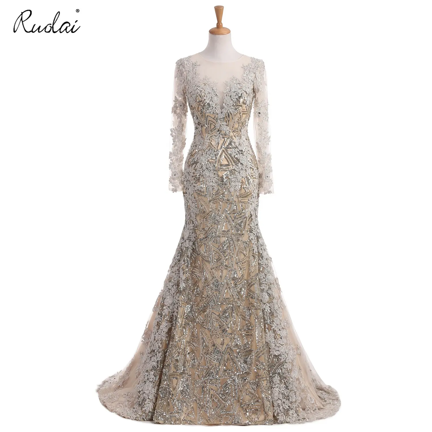 PEV-L3056 Elegant Beaded Shiny Sequins Arabic Lace Appliques Evening Dress Long Sleeve Evening Gown