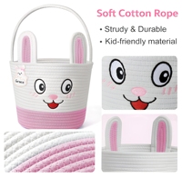 Panier de Pâques multifonctionnel en corde de coton écologique avec poignée et étiquette nominative, motif petit lapin de dessin animé, collection 2026, offre spéciale