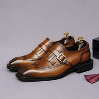 Mocassins pour hommes en cuir véritable de style britannique, à bout carré rétro, avec détails brogues, chaussures habillées pour les occasions de mariage