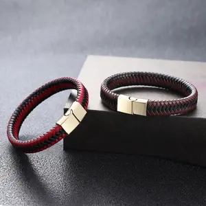 Retro Pulseras Para Hombres Hand-woven Magnet Buckle Men's Leather Red Bracelet Bangle with Stainless Steel Clasp
