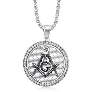 Collar con Colgante <span class=keywords><strong>de</strong></span> Medallón Redondo con Símbolo AG <span class=keywords><strong>de</strong></span> Masón, Joyería Fina para <span class=keywords><strong>Caballero</strong></span> Religioso, Adornado con Pedrería Brillante - Product Image 3
