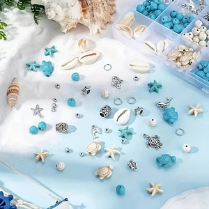 Diy Jewelry <b>Set</b> Shell <b>Beads</b> Seashell Starfish Turtle Dolphin Charms For Kids Craft Making Toys 15 Grids Natural Wind Color - Product Image 4