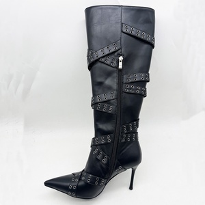 Gold Black Rivet Zip Sexy Stiletto Heels 2025 New Zapatos Para Mujere Custom Knee High Women <b>Boots</b> - Product Image 6