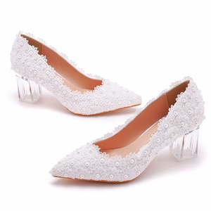 BS055 scarpe da sposa sposa 6.5cm 9.5cm <span class=keywords><strong>tacco</strong></span> quadrato pizzo <span class=keywords><strong>bianco</strong></span> <span class=keywords><strong>con</strong></span> perle scarpe Mariage festa damigella moda calzature - Product Image 2
