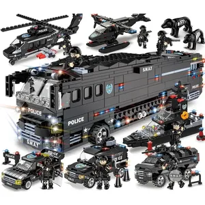 Öğrenci tuğla SWAT mobil savaş otobüsü polis arabası ordu modeli çocuklar için yapı taşı büyük Set