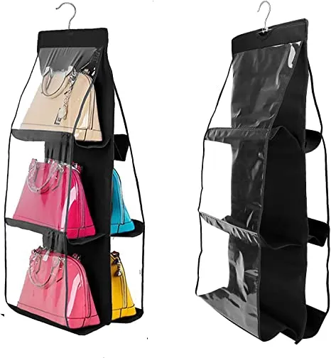 DS1249 6 Pocket Hanging Handbag Organizer Dust Cover Bag Wardrobe Storage Bag Closet Transparent Shoe Bag with Hanger Pouch
