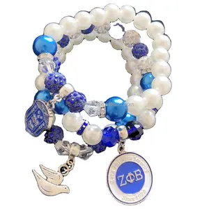 Handmade Blue & White Pearl ZPB Dove Charm Bracelet Sets Elastic Beaded Bracelets Women Accessories