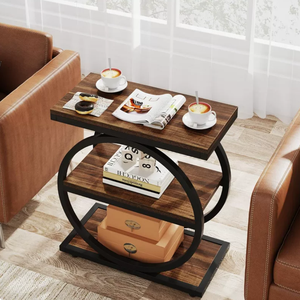 Mesa Auxiliar Moderna de Madera Maciza con Base de Pedestal, 3 Estantes de Almacenamiento, Diseño Estrecho, Marco de Metal Negro, Ecológica, para Sala de Estar o Dormitorio - Product Image 3