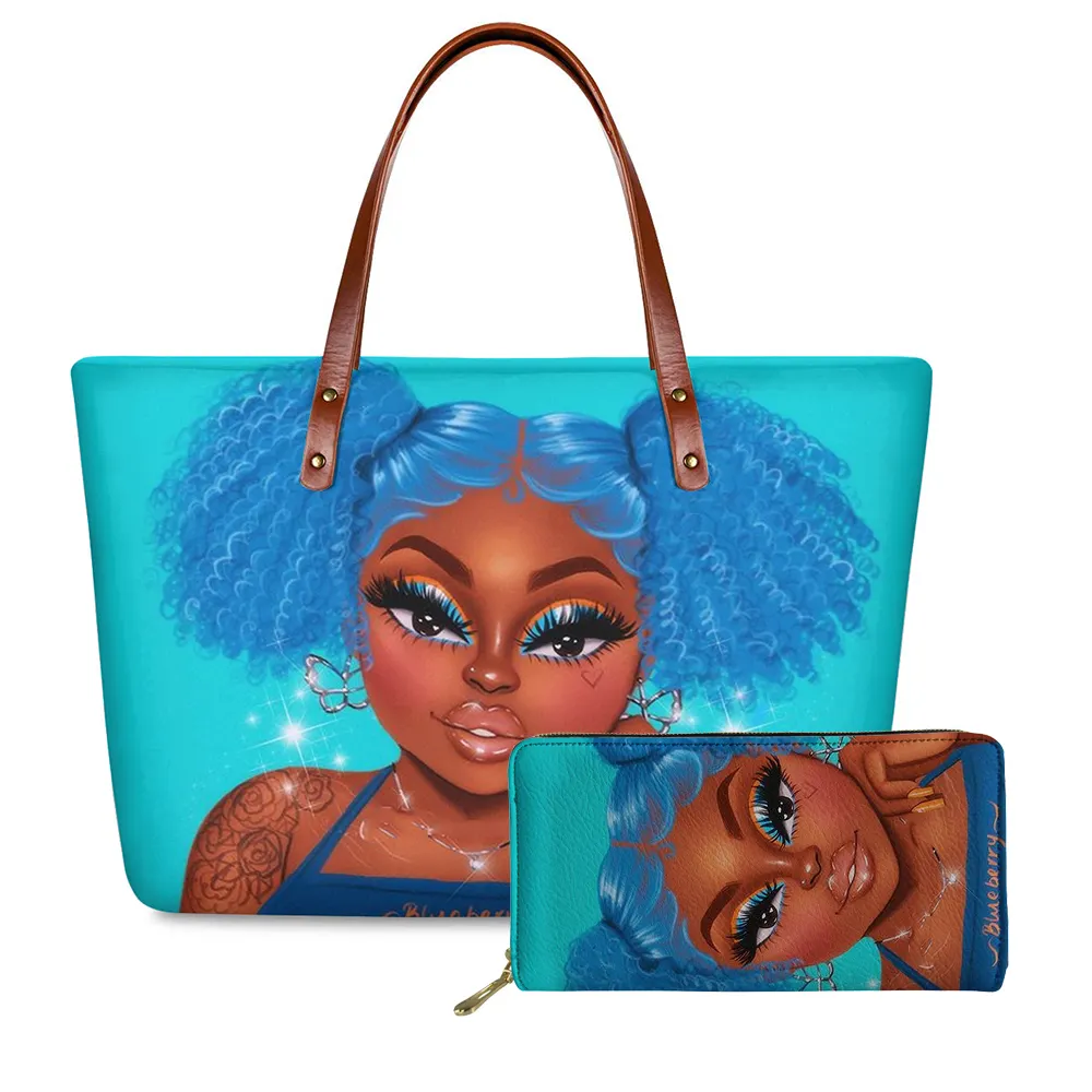 2 PCSヴィンテージスタイルのハンドバッグ財布付きブラックアートアフリカの女の子プリント高級デザイナーハンドバッグ卸売ハンドバッグセット女性用