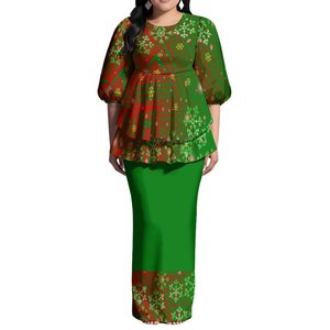 Abiti Maxi Puletasi con Stampa Natalizia, Vestito Personalizzato da Donna con Maniche a Palloncino e Strati di Volant, Set di 2 Pezzi in Stile Samoano Polinesiano - Product Image 3