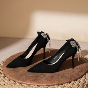 9888H-098 Pointed Toe Stiletto Heels Black Suede <b>Bow</b> Crystal Decor High Heel Wedding Party Formal Shoes - Product Image 1