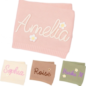 Couverture <span class=keywords><strong>de</strong></span> bébé personnalisée brodée avec le <span class=keywords><strong>nom</strong></span>, 100% coton, cadeaux pour nouveau-nés, garçon/fille, couverture en tricot épais faite à la main - Product Image 1