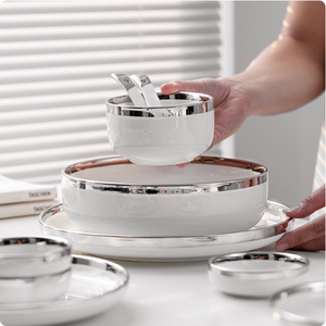 Phong cách Bắc Âu bóng tráng men phương Tây sứ Bộ đồ ăn thiết lập hộ gia đình ánh sáng sang trọng bạc-gọng phẳng tấm cá Platter Ice Bowl - Product Image 4