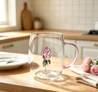 Mug en verre borosilicate soufflé à la main 3D de 420 ml, rose à l'intérieur, résistant au lave-vaisselle, gobelet moderne