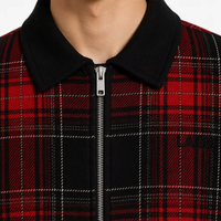 Veste zippée personnalisée pour homme, motif écossais rouge et noir, col pointu, style streetwear décontracté, hiver, vente en gros, OEM, ODM
