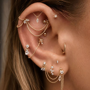 Bijou de piercing en titane ASTM F136 à filetage interne, avec chaîne pendante, opale en forme de goutte, CZ, lune, soleil, planète, pour tragus, hélix, boucle d'oreille et clou d'oreille - Product Image 2