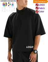 T-shirts pour hommes en coton tricoté 100% personnalisés de marque, col montant noir, épaules tombantes, coupe ample, 280 grammes, couleur unie