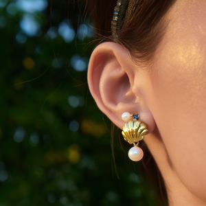 Fashion <b>Stud</b> <b>Earrings</b> 316L Stainless Steel PVD Gold Plating Shell Design With Pearls And <b>Blue</b> Gemstone - Product Image 3