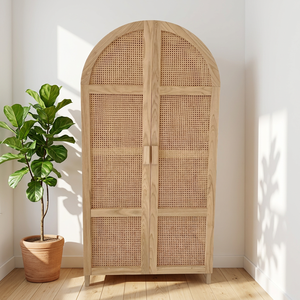 Scandinavian Natural Rattan Arch Cabinet Wooden <b>Wardrobe</b> Organizer for Bedroom Home Office - Product Image 1