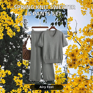 ชุดเซ็ต 2 ชิ้น เสื้อสเวตเตอร์ถักไหมพรมแขนยาว คอกลม สีพื้น สไตล์ลำลอง สำหรับผู้หญิง ใส่สบาย ระบายอากาศได้ดี พร้อมกางเกงขายาวเอวสูงผูกเชือก - Product Image 2
