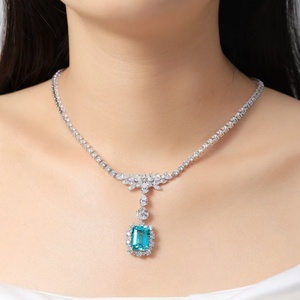 Fine Jewelry Vintage Paraiba <b>Emerald</b> Cut Lab Diamond Solitaire <b>Pendant</b> Necklace 18K/14K White Gold Rhodium Plated Claw Gift - Product Image 2