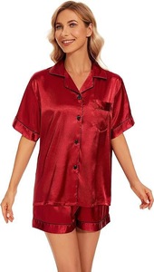 מפעל מותאם אישית קרח משי בגדי נשים מזדמנים של בגדי פנאי המותניים אלסטי קיץ נשימת סאטן הקדמי לוגו שרוול קצר פיג 'מה - Product Image 6