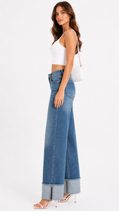 Jeans a vita alta a gamba larga in denim con orli risvoltati e dettagli a contrasto per donna, stile casual estivo - Product Image 3