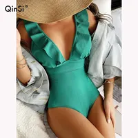 QINSI Fashion Lace Up Bathing Suit Women Sexy Beachwear Ribbed Women's Swimwear 2022 V-neck Bodysuits Ruffle One Piece Swimsuit