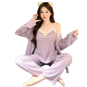 Conjunto de Pijama de Tres Piezas de Algodón Tejido con Cintura Elástica, Tallas Grandes M-5XL, Primavera, Otoño, Invierno, Estilo Coreano Dulce - Product Image 1