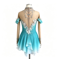 Robe de patinage artistique dégradé turquoise et blanc, ornée de fleurs 3D et de strass, dos ouvert, pour adultes et enfants