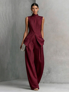 Completo da <span class=keywords><strong>donna</strong></span> in <span class=keywords><strong>lino</strong></span> due pezzi 2026: Top senza maniche con colletto alla coreana e bottoni, <span class=keywords><strong>pantaloni</strong></span> a gamba larga, outfit casual da ufficio - Product Image 3