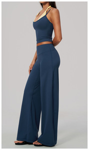 Conjunto Casual de 2 Piezas para Mujer, Tejido en Poliéster, Top Corto sin Mangas con Cuello Halter, Pantalones Anchos a Rayas, Transpirable, Corte Regular - Product Image 4