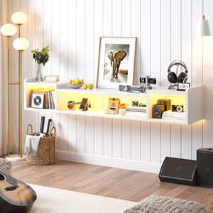 <span class=keywords><strong>Meuble</strong></span> TV flottant avec éclairage LED, prises de courant, design moderne, panneau de particules durable, grande capacité de rangement pour salon et chambre - Product Image 3