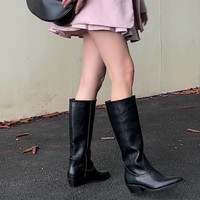 Bottes pour femmes, nouveau style d'automne : bottes noires rétro à talon épais, bottes à porter avec un pantalon, bottes pointues longues