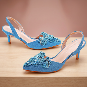 Sandalias de tacón de aguja con punta y tira trasera de perlas personalizadas de alta calidad para boda, al por mayor, ligeras, con soporte de arco de PU - Product Image 3
