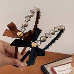 Boda novia accesorio para el cabello Hada gasa Bowknot tocado brillante mujeres borde fino Rhinestone perla diadema - Product Image 2