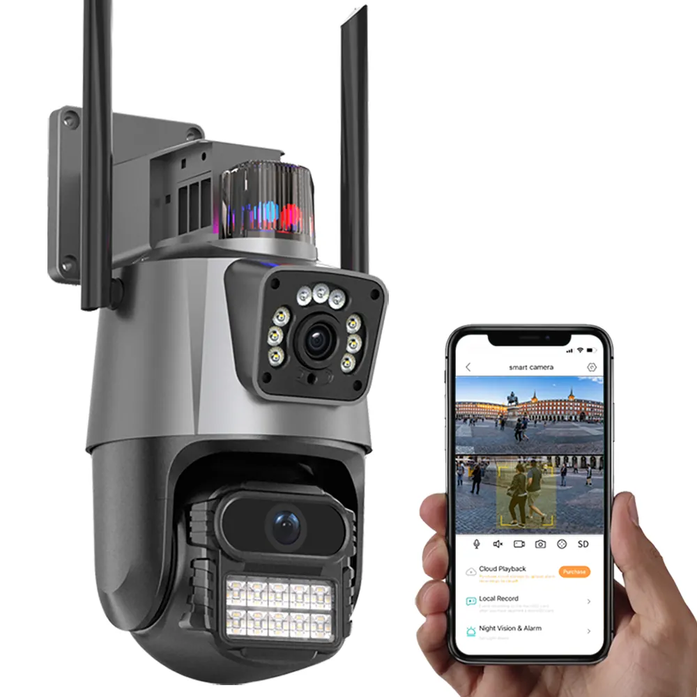 6MP 9mp đèn pha ngoài trời không dây 3 4 ống kính DOME PTZ CCTV an ninh Ống kính kép máy ảnh Wifi IP với con người phát hiện chuyển động còi báo động