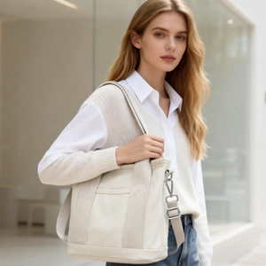 Custom Logo Printed Letter Pattern Cotton Canvas <b>Tote</b> <b>Bag</b> Zipper Closure Long Shoulder Length Handle <b>Medium</b> Size - Product Image 3